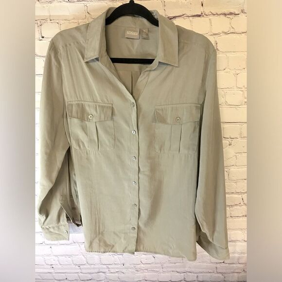 Chicos Sand Utility Button Up Shirt Roll Tab Long Sleeve Front Pockets XL - Picture 1 of 9